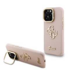 GUESS Калъф за iPhone 16 Pro Max, Grained 4G Logo Stand Camera, розов – GUHCP16XPCS4GSP