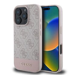 GUESS Калъф за iPhone 16 Pro, PU 4G Stripe, розов – GUHCP16LG4GLPI
