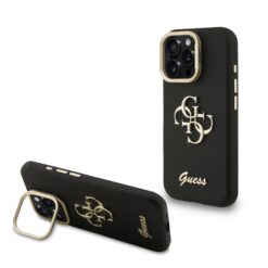 GUESS Калъф за iPhone 16 Pro, Grained 4G Logo Stand Camera, черен – GUHCP16LPCS4GSK