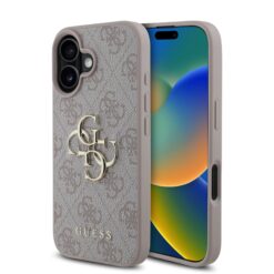 GUESS Калъф за iPhone 16, PU 4G Metal Logo, розов – GUHCP16S4GMGPI