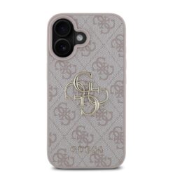 GUESS Калъф за iPhone 16, PU 4G Metal Logo, розов – GUHCP16S4GMGPI
