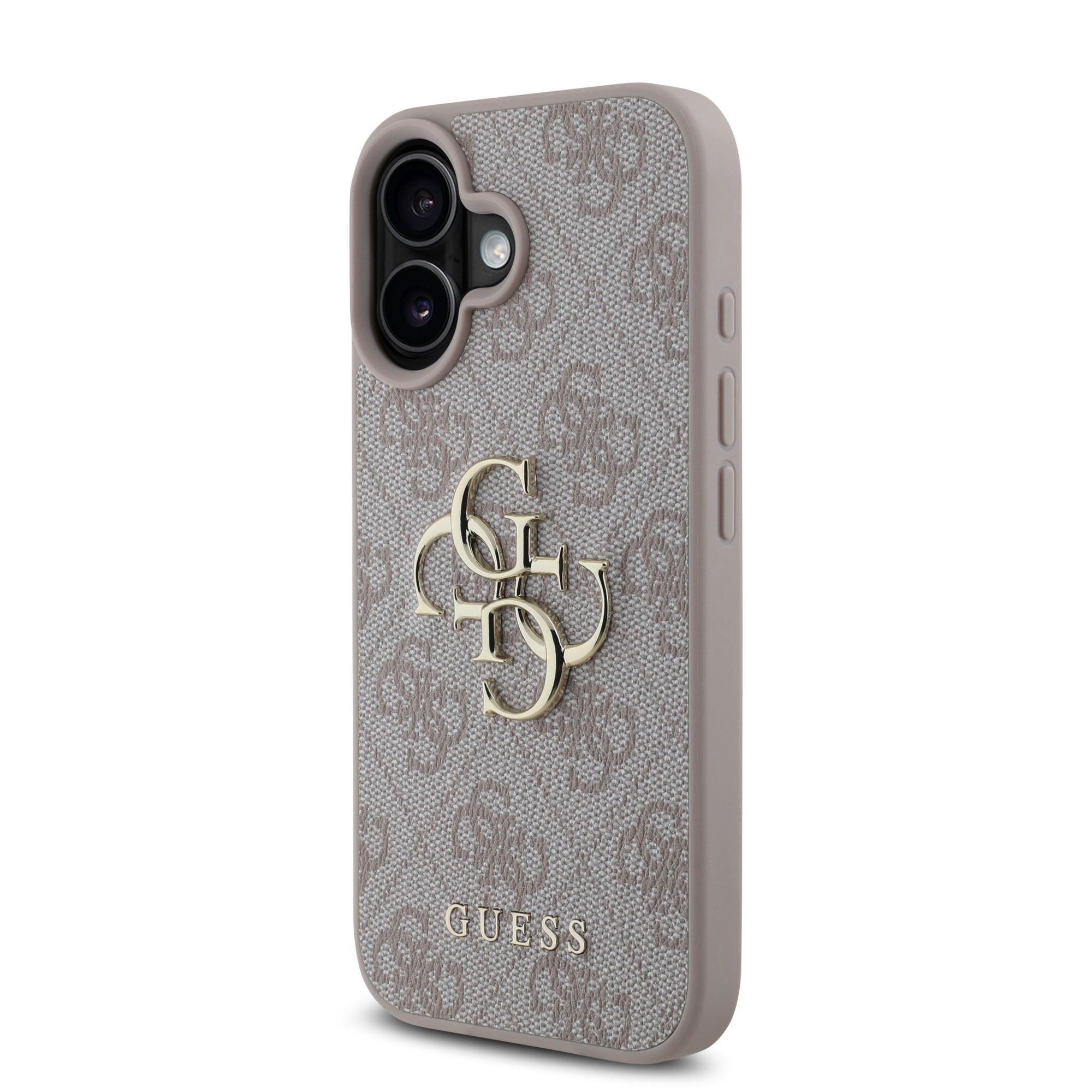 GUESS Калъф за iPhone 16, PU 4G Metal Logo, розов – GUHCP16S4GMGPI