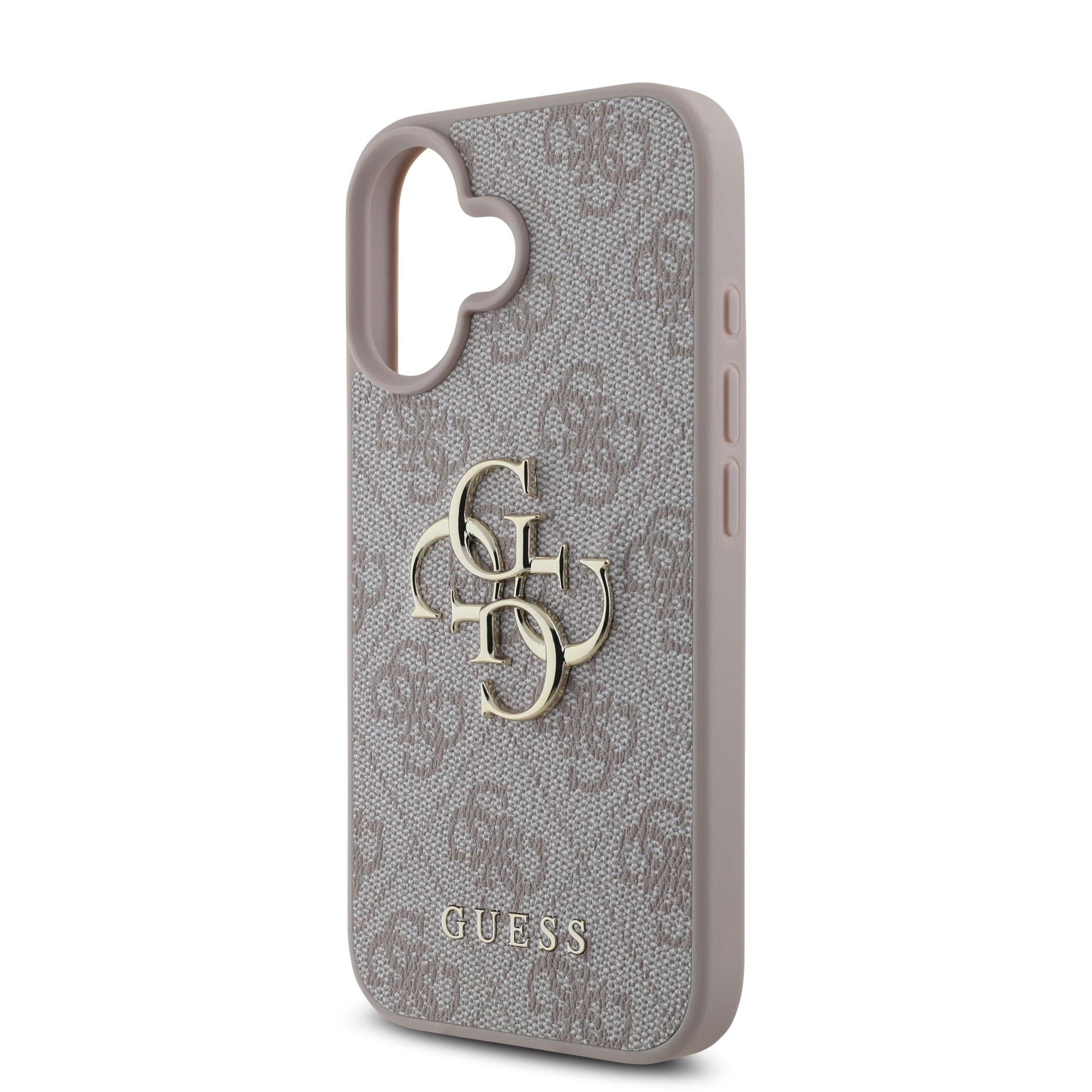 GUESS Калъф за iPhone 16, PU 4G Metal Logo, розов – GUHCP16S4GMGPI