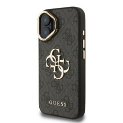 GUESS Калъф Apple iPhone 16, PU 4G Metal Logo Stand Camera Frame, черен – GUHCP16SPCS4GP4K