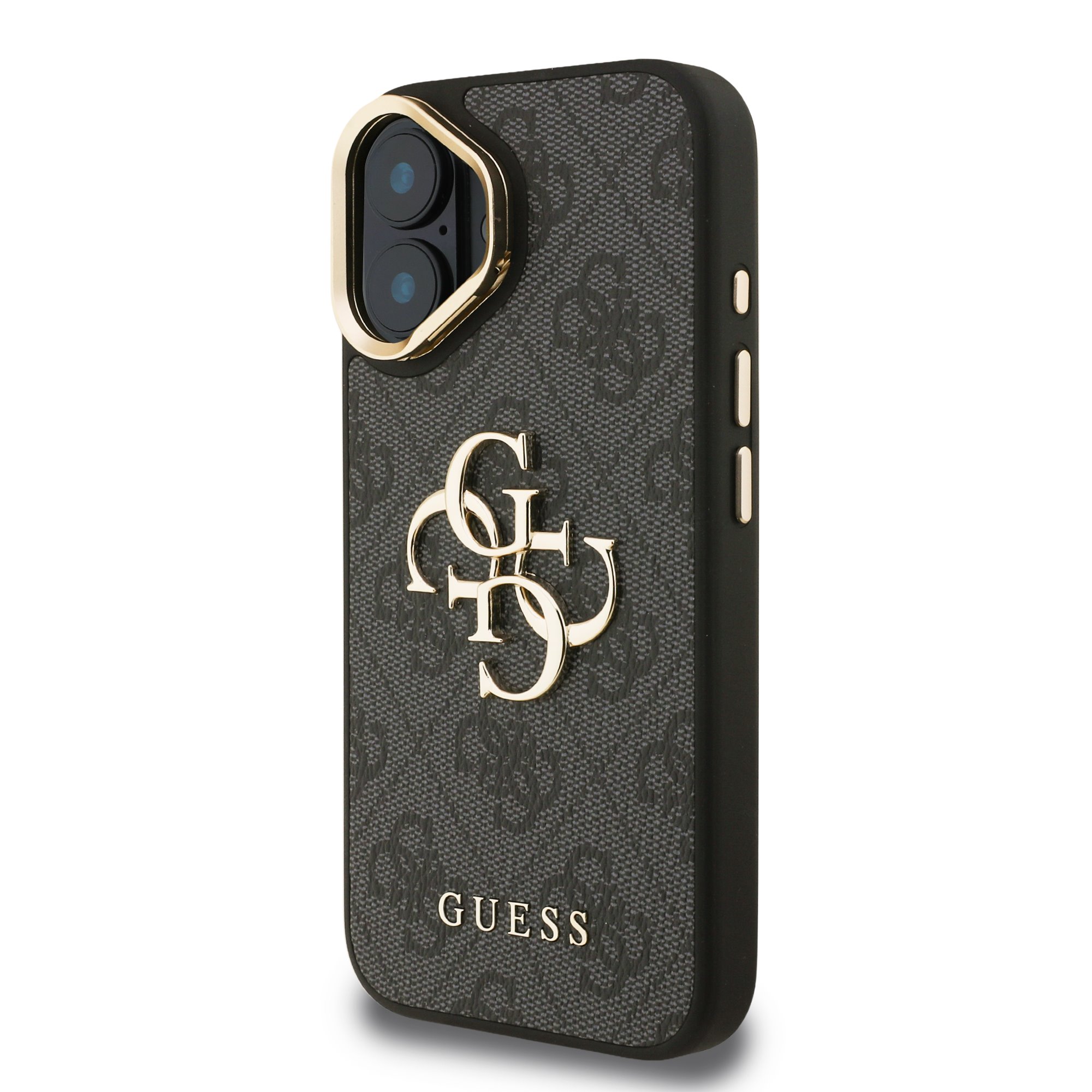 GUESS Калъф Apple iPhone 16, PU 4G Metal Logo Stand Camera Frame, черен – GUHCP16SPCS4GP4K