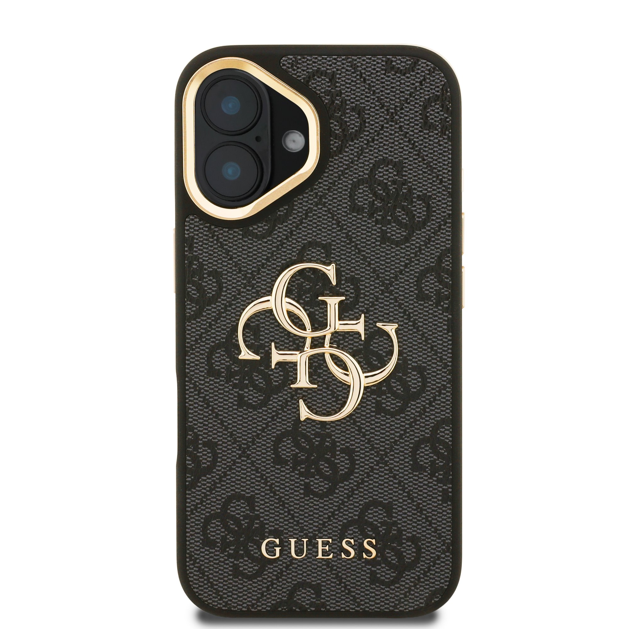 GUESS Калъф Apple iPhone 16, PU 4G Metal Logo Stand Camera Frame, черен – GUHCP16SPCS4GP4K