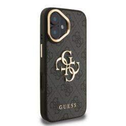GUESS Калъф Apple iPhone 16, PU 4G Metal Logo Stand Camera Frame, черен – GUHCP16SPCS4GP4K