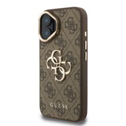 GUESS Калъф Apple iPhone 16, PU 4G Metal Logo Stand Camera Frame, кафяв – GUHCP16SPCS4GP4W