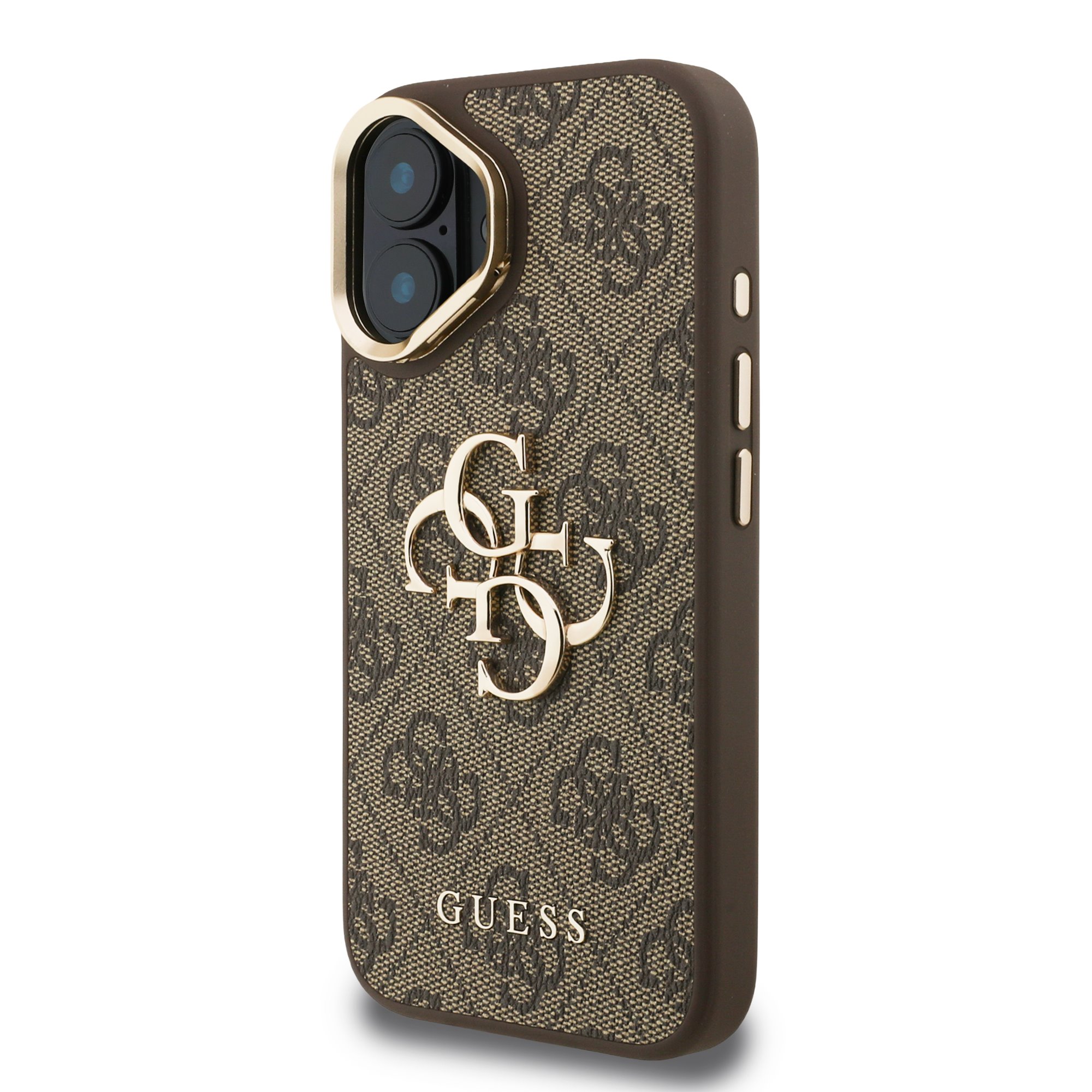 GUESS Калъф Apple iPhone 16, PU 4G Metal Logo Stand Camera Frame, кафяв – GUHCP16SPCS4GP4W
