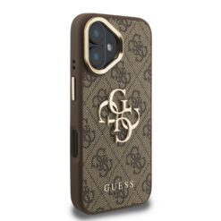 GUESS Калъф Apple iPhone 16, PU 4G Metal Logo Stand Camera Frame, кафяв – GUHCP16SPCS4GP4W