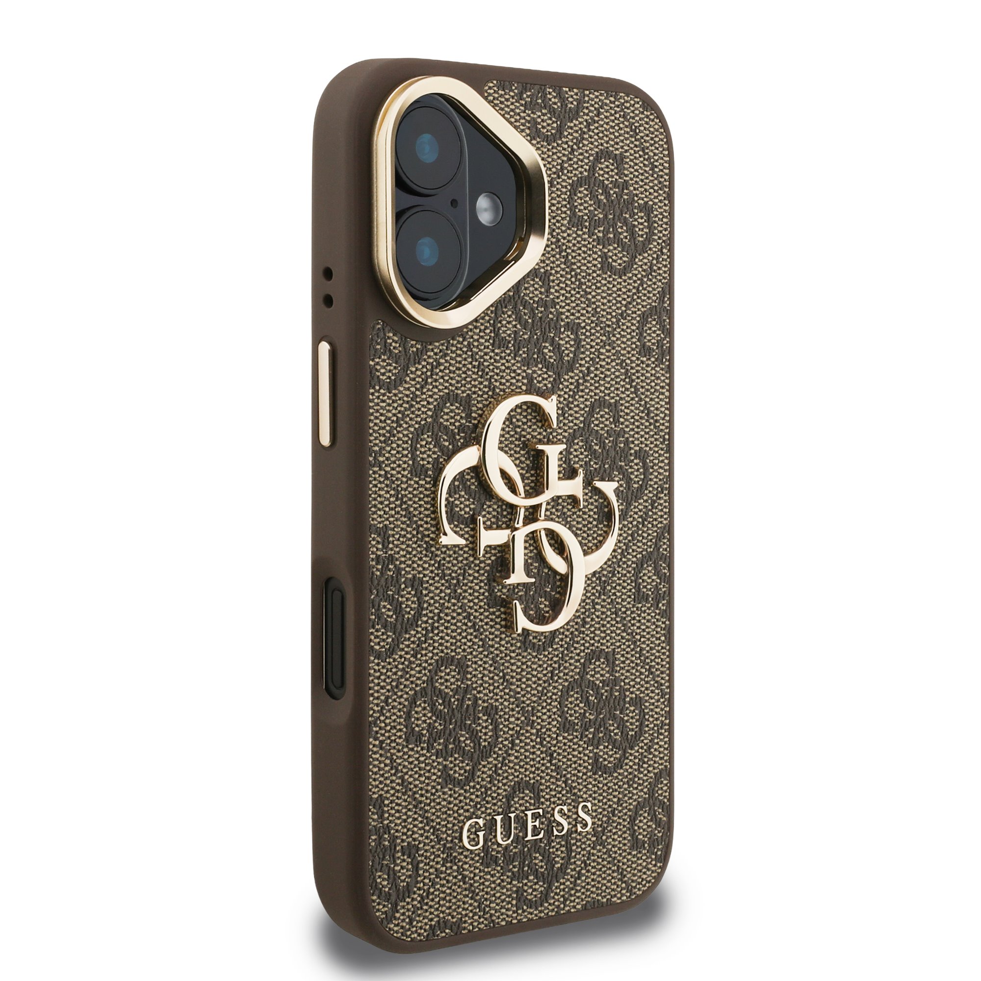 GUESS Калъф Apple iPhone 16, PU 4G Metal Logo Stand Camera Frame, кафяв – GUHCP16SPCS4GP4W