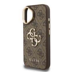 GUESS Калъф Apple iPhone 16, PU 4G Metal Logo Stand Camera Frame, кафяв – GUHCP16SPCS4GP4W