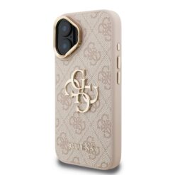 GUESS Калъф за iPhone 16, PU 4G Metal Logo Stand Camera Frame, розов – GUHCP16SPCS4GP4P