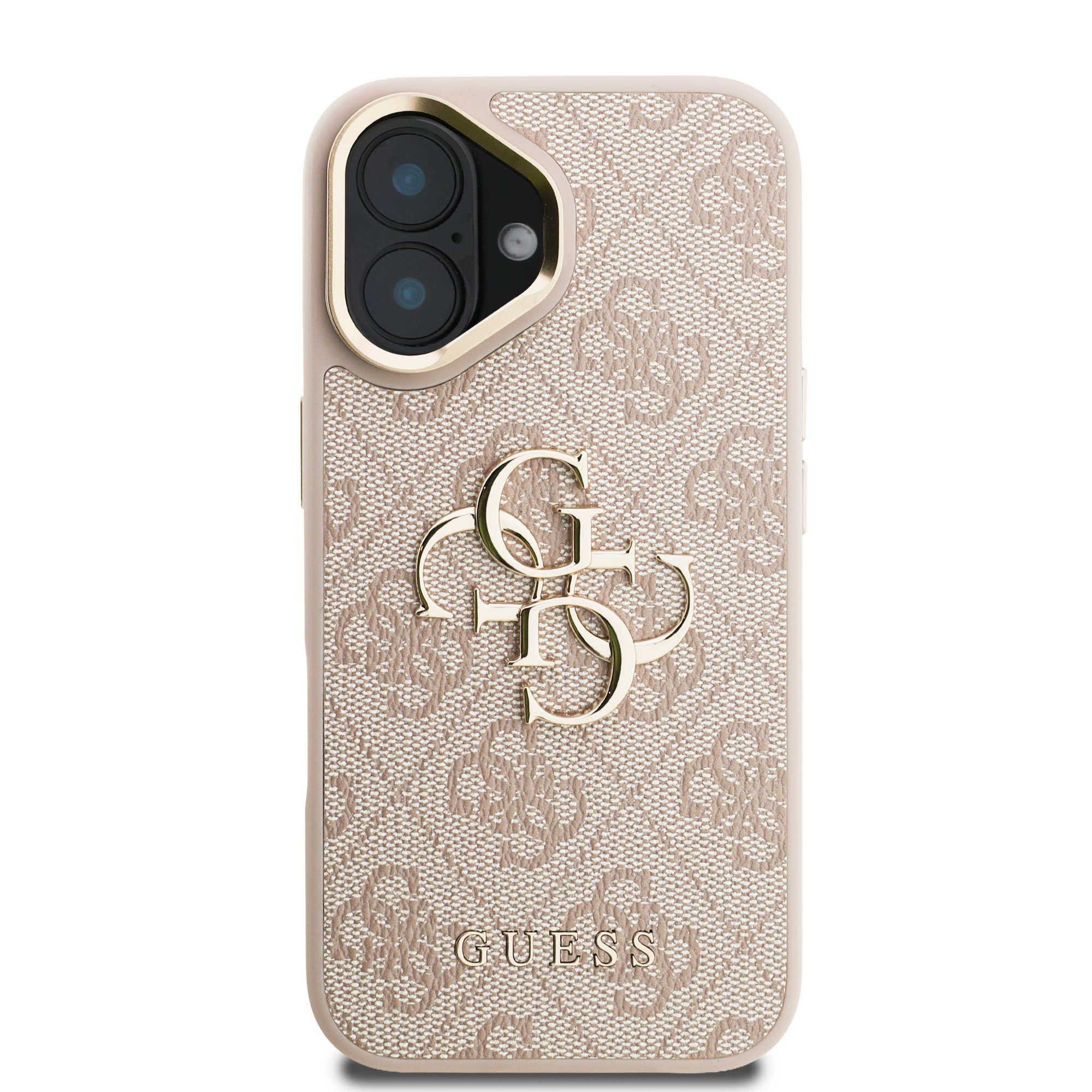 GUESS Калъф за iPhone 16, PU 4G Metal Logo Stand Camera Frame, розов – GUHCP16SPCS4GP4P