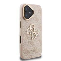 GUESS Калъф за iPhone 16, PU 4G Metal Logo Stand Camera Frame, розов – GUHCP16SPCS4GP4P