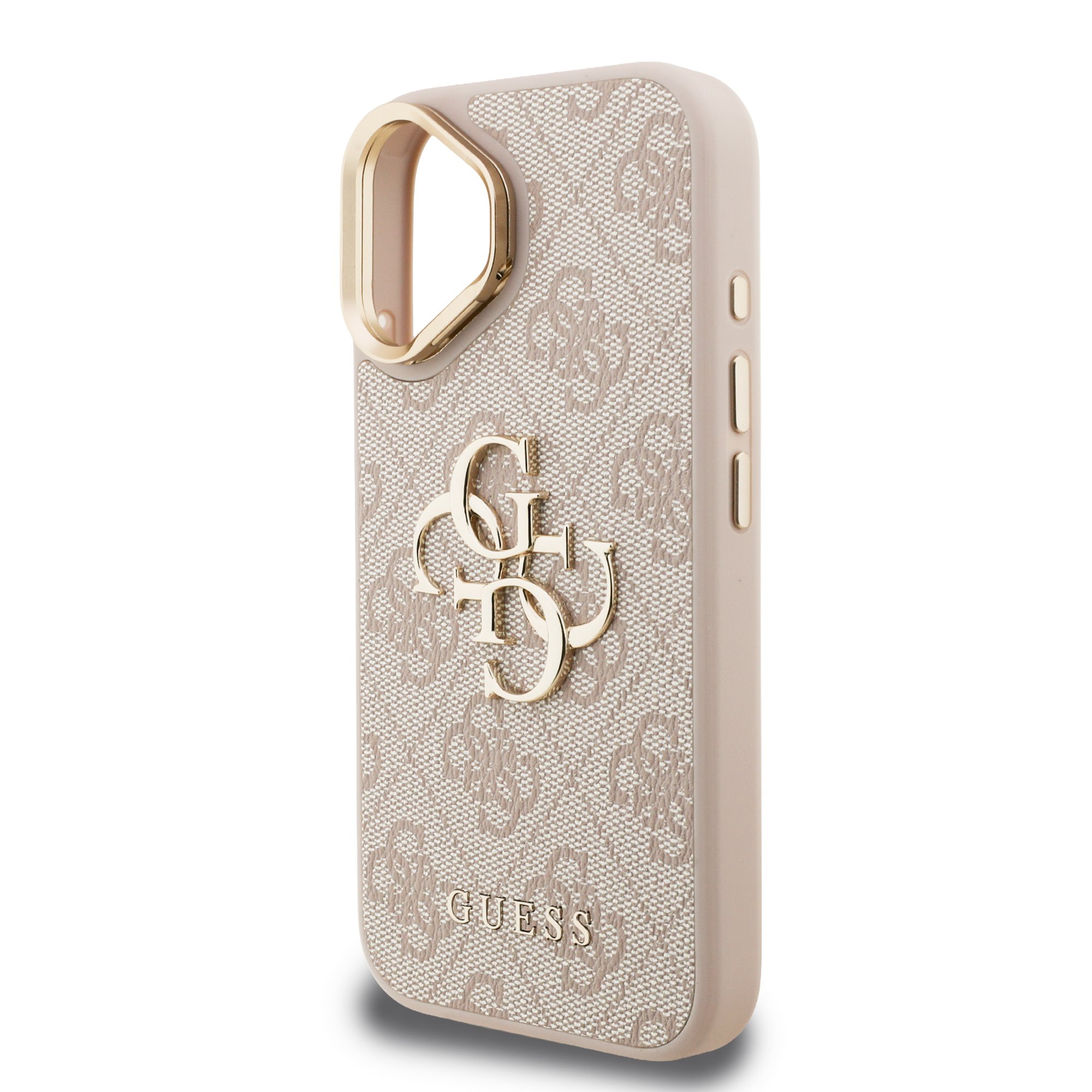 GUESS Калъф за iPhone 16, PU 4G Metal Logo Stand Camera Frame, розов – GUHCP16SPCS4GP4P