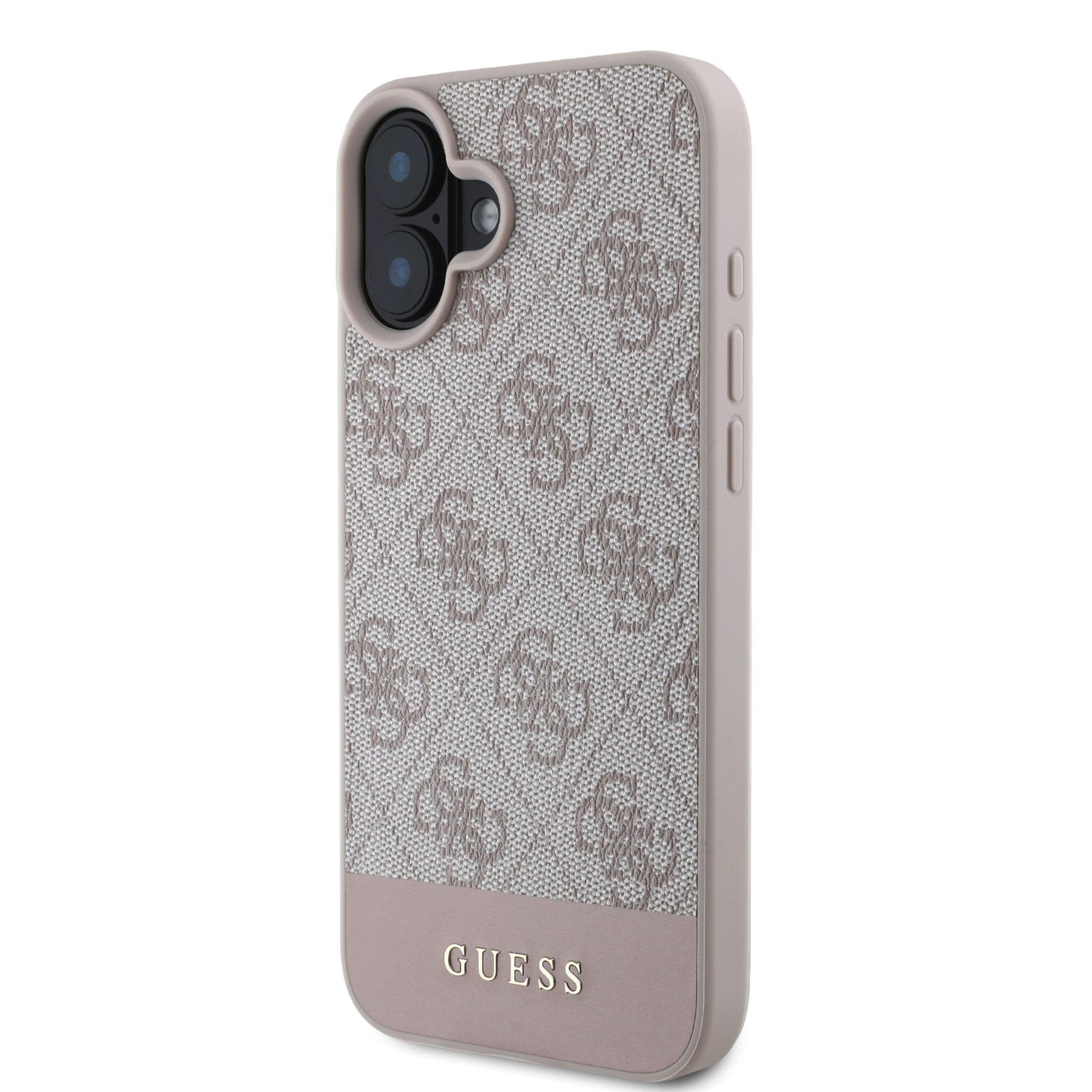 GUESS Калъф за iPhone 16, PU 4G Stripe, розов – GUHCP16SG4GLPI