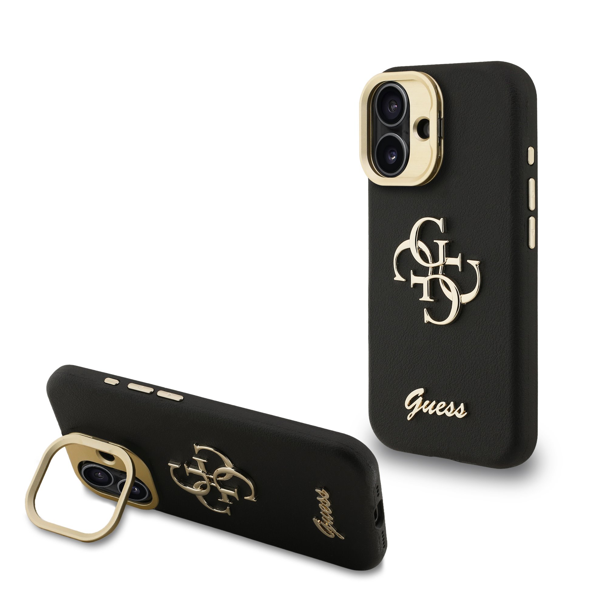 GUESS Калъф за iPhone 16, Grained 4G Logo Stand Camera, черен – GUHCP16SPCS4GSK