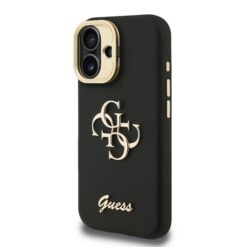 GUESS Калъф за iPhone 16, Grained 4G Logo Stand Camera, черен – GUHCP16SPCS4GSK