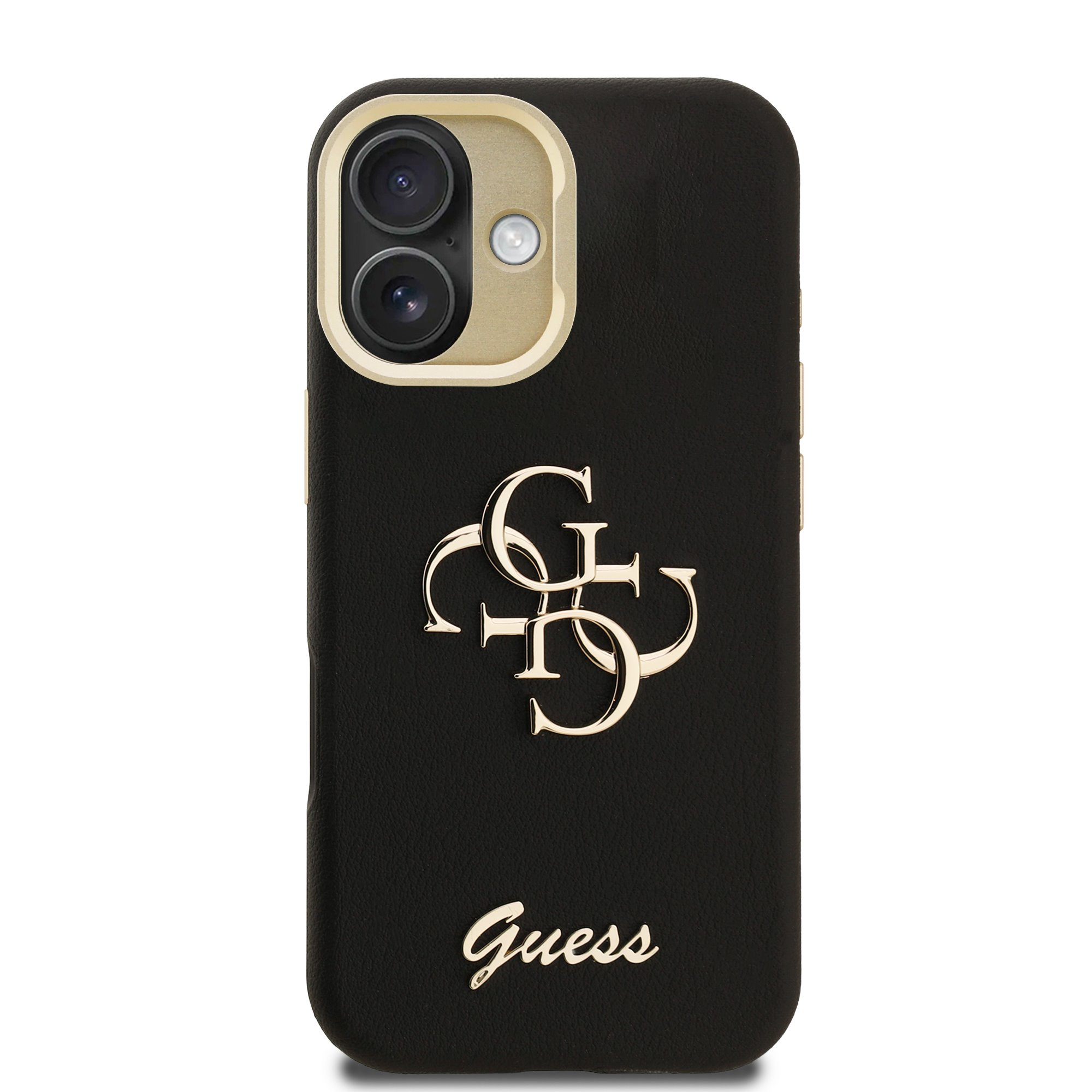 GUESS Калъф за iPhone 16, Grained 4G Logo Stand Camera, черен – GUHCP16SPCS4GSK