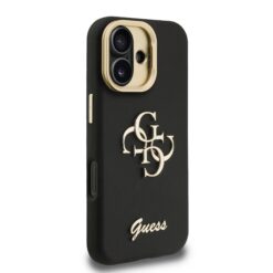 GUESS Калъф за iPhone 16, Grained 4G Logo Stand Camera, черен – GUHCP16SPCS4GSK
