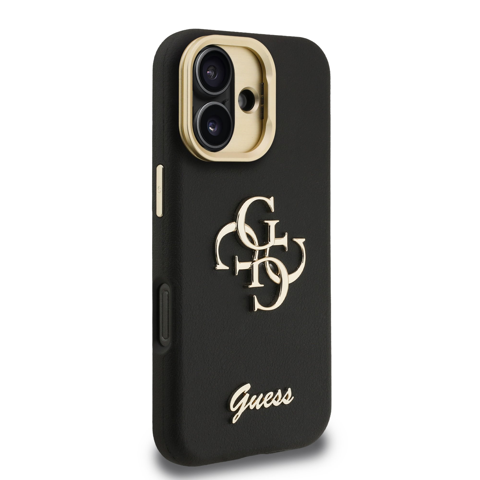 GUESS Калъф за iPhone 16, Grained 4G Logo Stand Camera, черен – GUHCP16SPCS4GSK