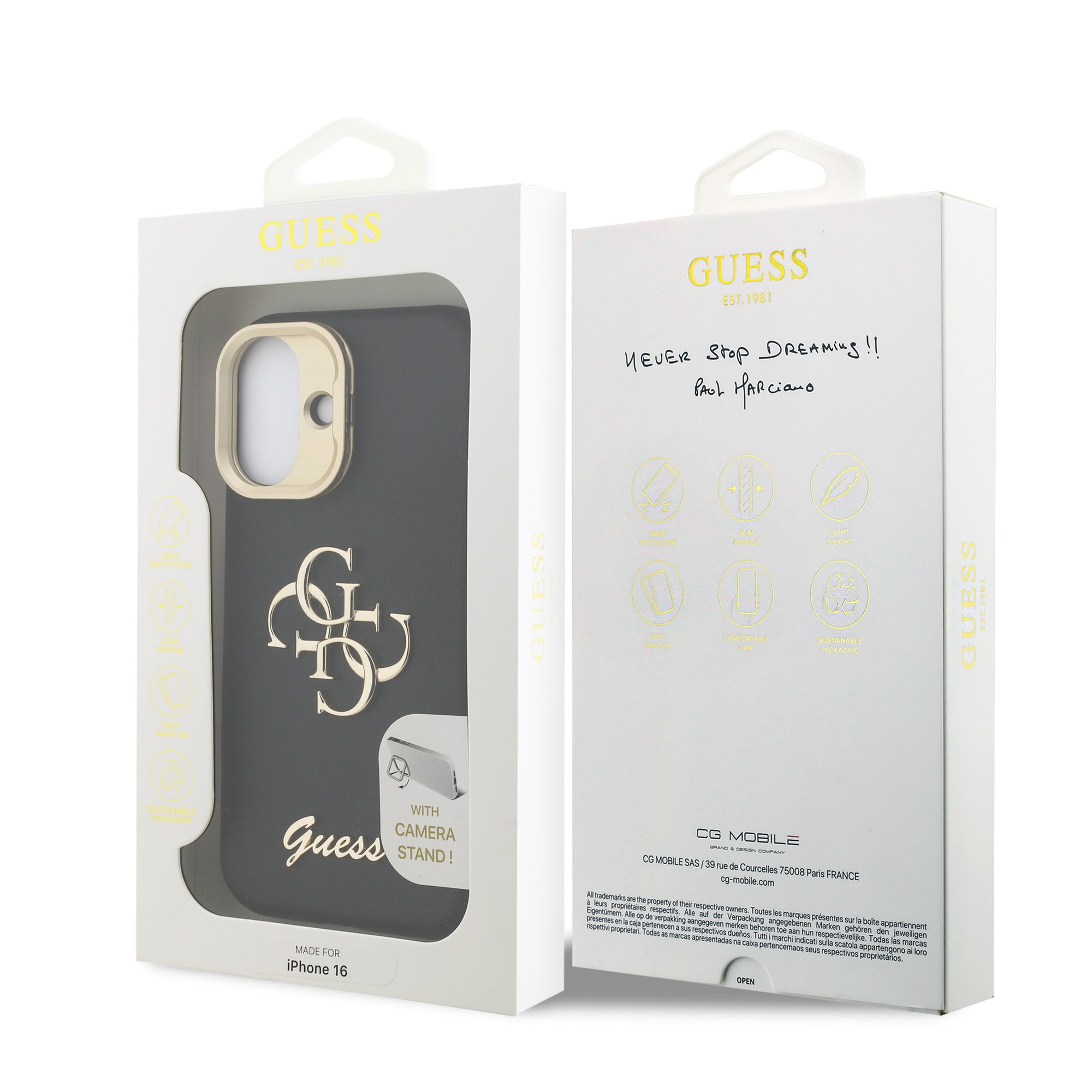 GUESS Калъф за iPhone 16, Grained 4G Logo Stand Camera, черен – GUHCP16SPCS4GSK