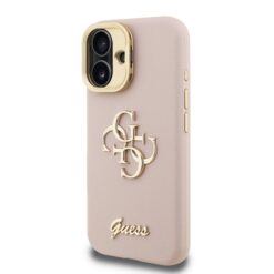GUESS Калъф за iPhone 16, Grained 4G Logo Stand Camera, розов – GUHCP16SPCS4GSP