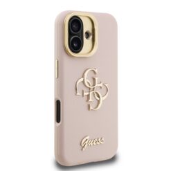 GUESS Калъф за iPhone 16, Grained 4G Logo Stand Camera, розов – GUHCP16SPCS4GSP
