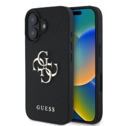 GUESS Калъф за iPhone 16, PU Grained 4G Metal Logo, черен – GUHCP16SPGT4MBK