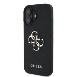 GUESS Калъф за iPhone 16, PU Grained 4G Metal Logo, черен – GUHCP16SPGT4MBK