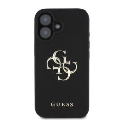 GUESS Калъф за iPhone 16, PU Grained 4G Metal Logo, черен – GUHCP16SPGT4MBK