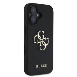 GUESS Калъф за iPhone 16, PU Grained 4G Metal Logo, черен – GUHCP16SPGT4MBK