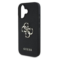 GUESS Калъф за iPhone 16, PU Grained 4G Metal Logo, черен – GUHCP16SPGT4MBK