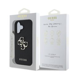 GUESS Калъф за iPhone 16, PU Grained 4G Metal Logo, черен – GUHCP16SPGT4MBK