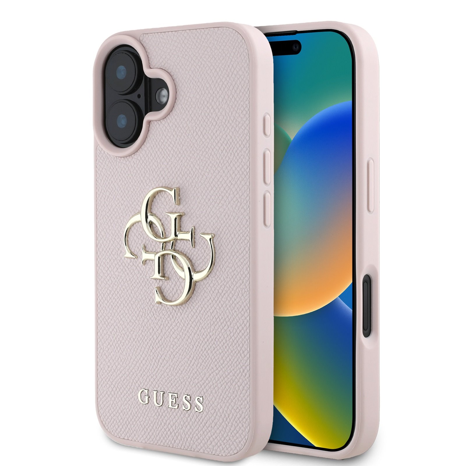 GUESS Калъф за iPhone 16, PU Grained 4G Metal Logo, розов – GUHCP16SPGT4MBP