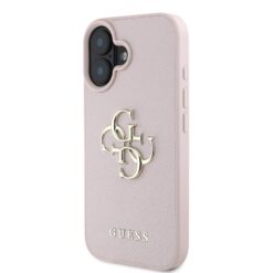 GUESS Калъф за iPhone 16, PU Grained 4G Metal Logo, розов – GUHCP16SPGT4MBP