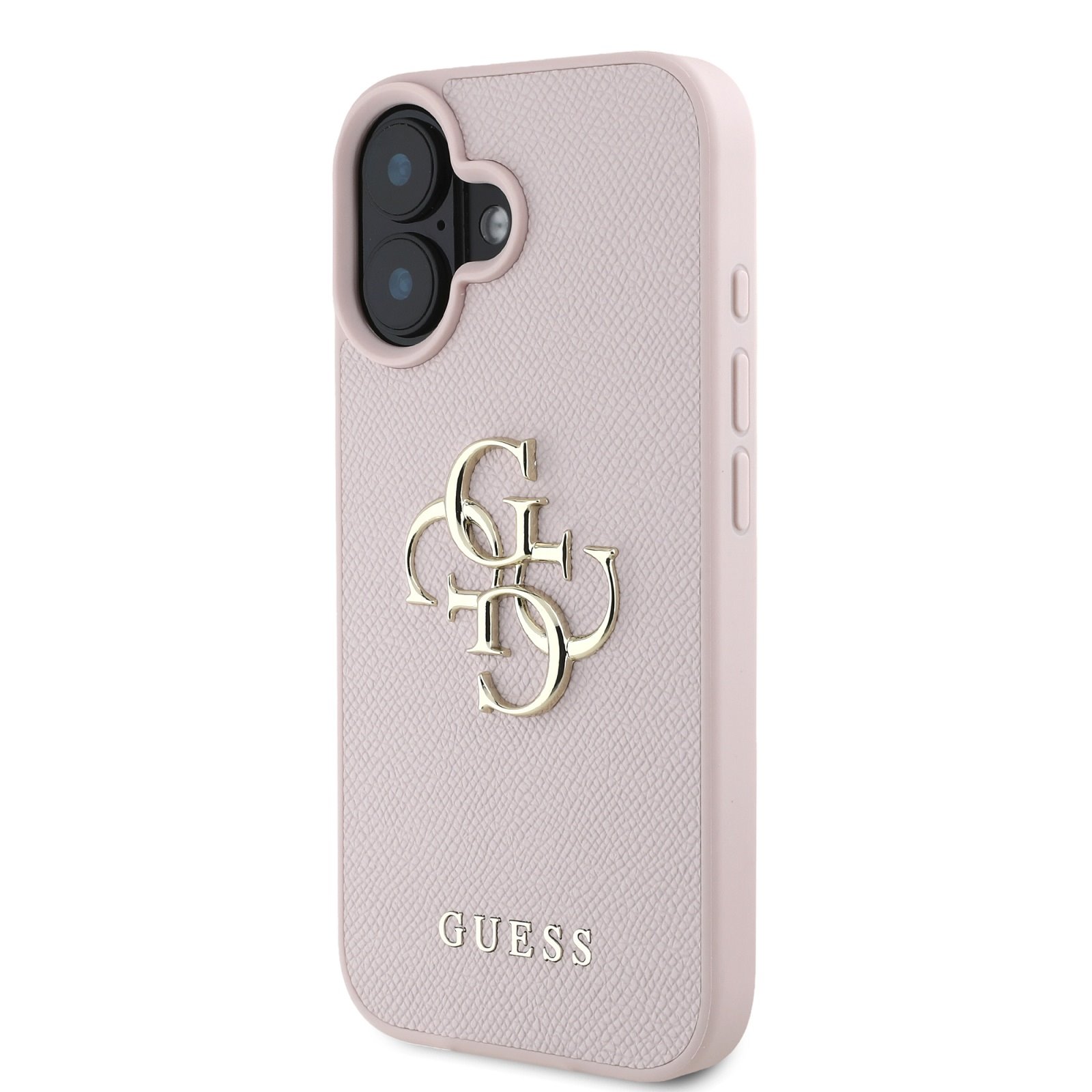 GUESS Калъф за iPhone 16, PU Grained 4G Metal Logo, розов – GUHCP16SPGT4MBP