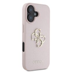 GUESS Калъф за iPhone 16, PU Grained 4G Metal Logo, розов – GUHCP16SPGT4MBP