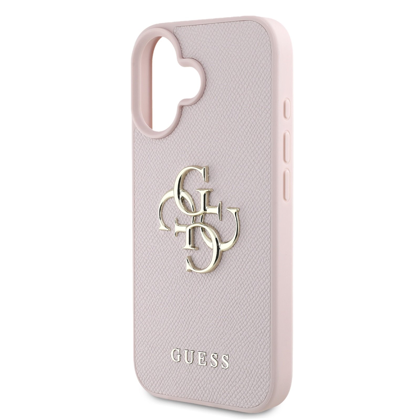 GUESS Калъф за iPhone 16, PU Grained 4G Metal Logo, розов – GUHCP16SPGT4MBP