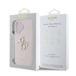 GUESS Калъф за iPhone 16, PU Grained 4G Metal Logo, розов – GUHCP16SPGT4MBP