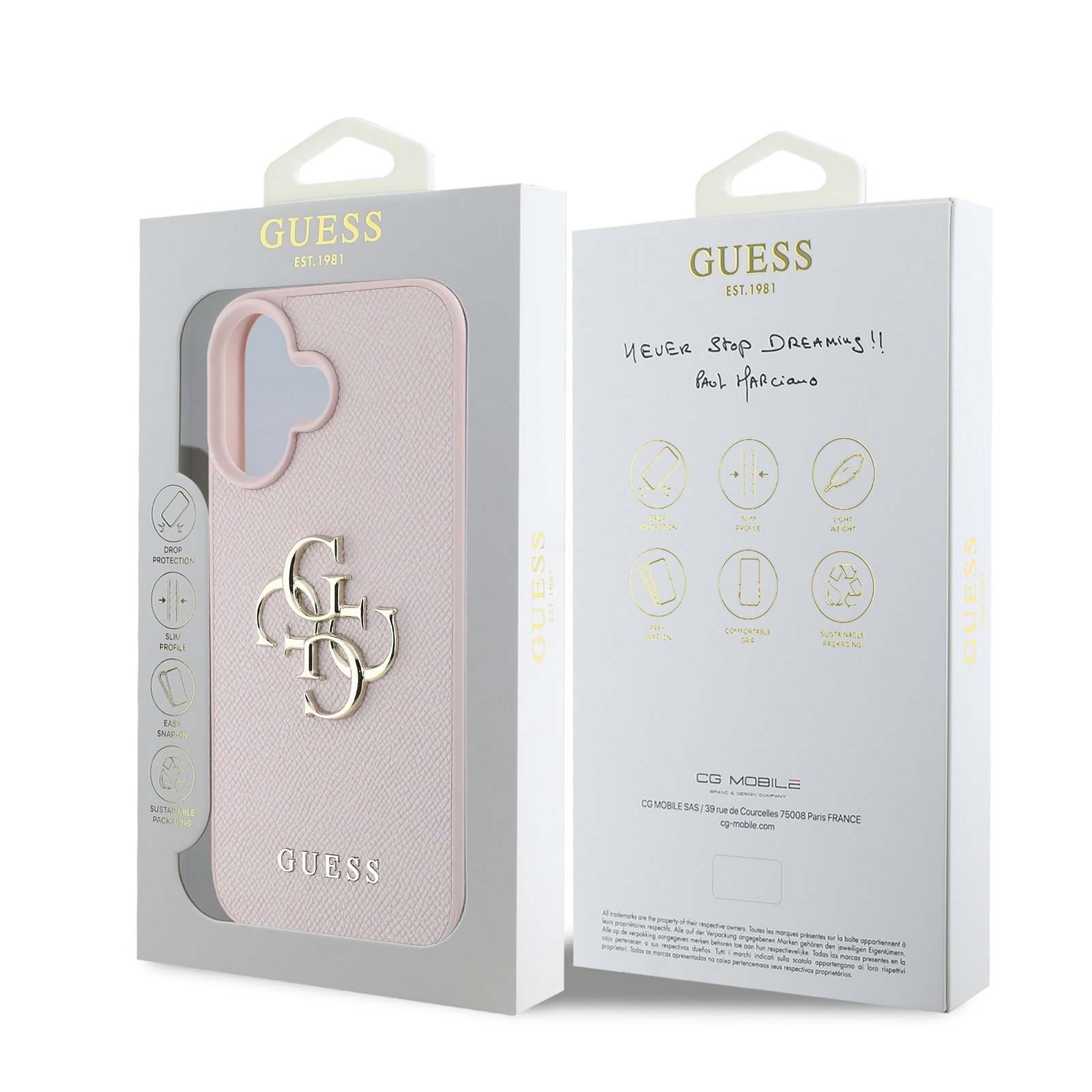 GUESS Калъф за iPhone 16, PU Grained 4G Metal Logo, розов – GUHCP16SPGT4MBP