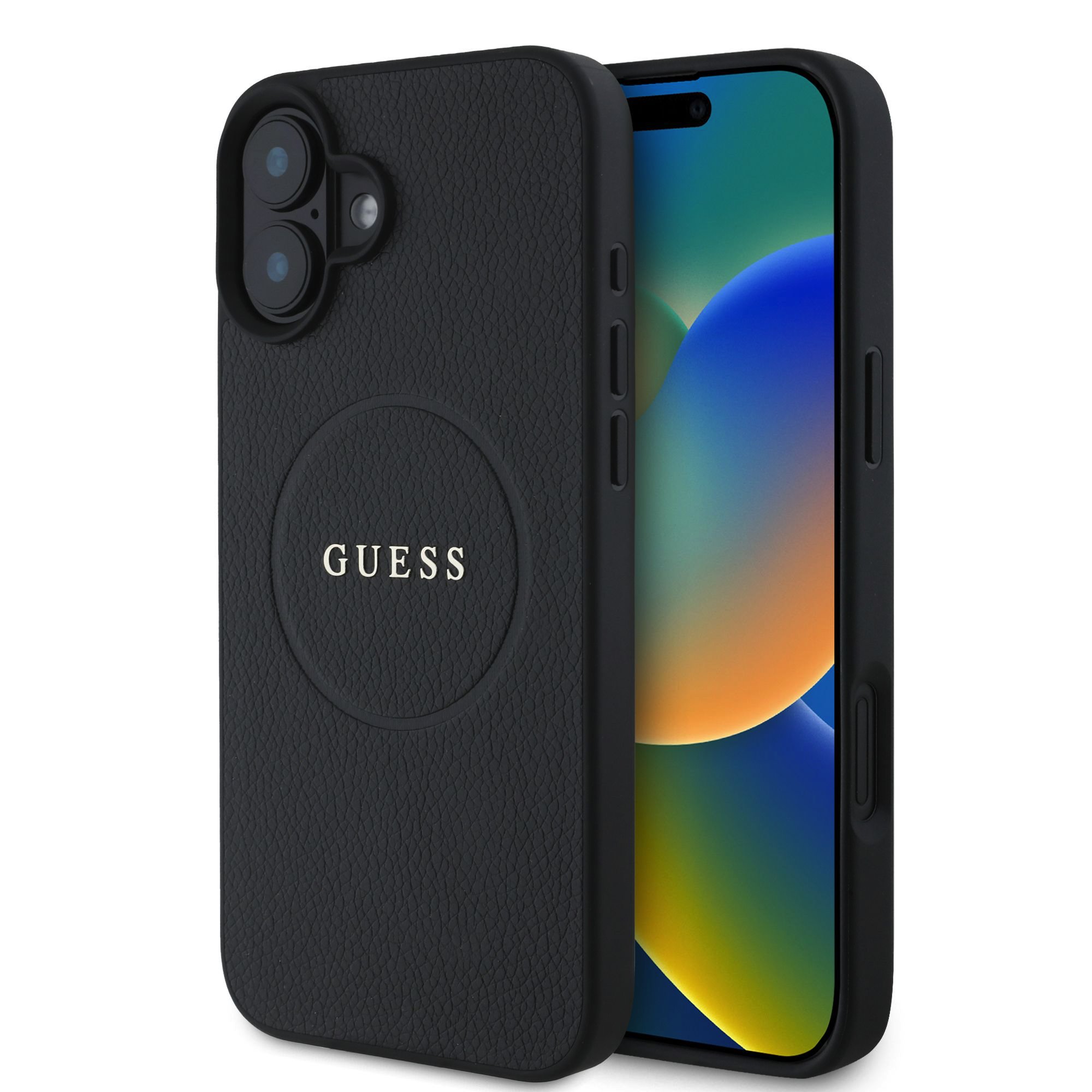 GUESS Калъф за iPhone 16, PU Grained Classic Logo MagSafe, черен – GUHMP16SPGHSMMK