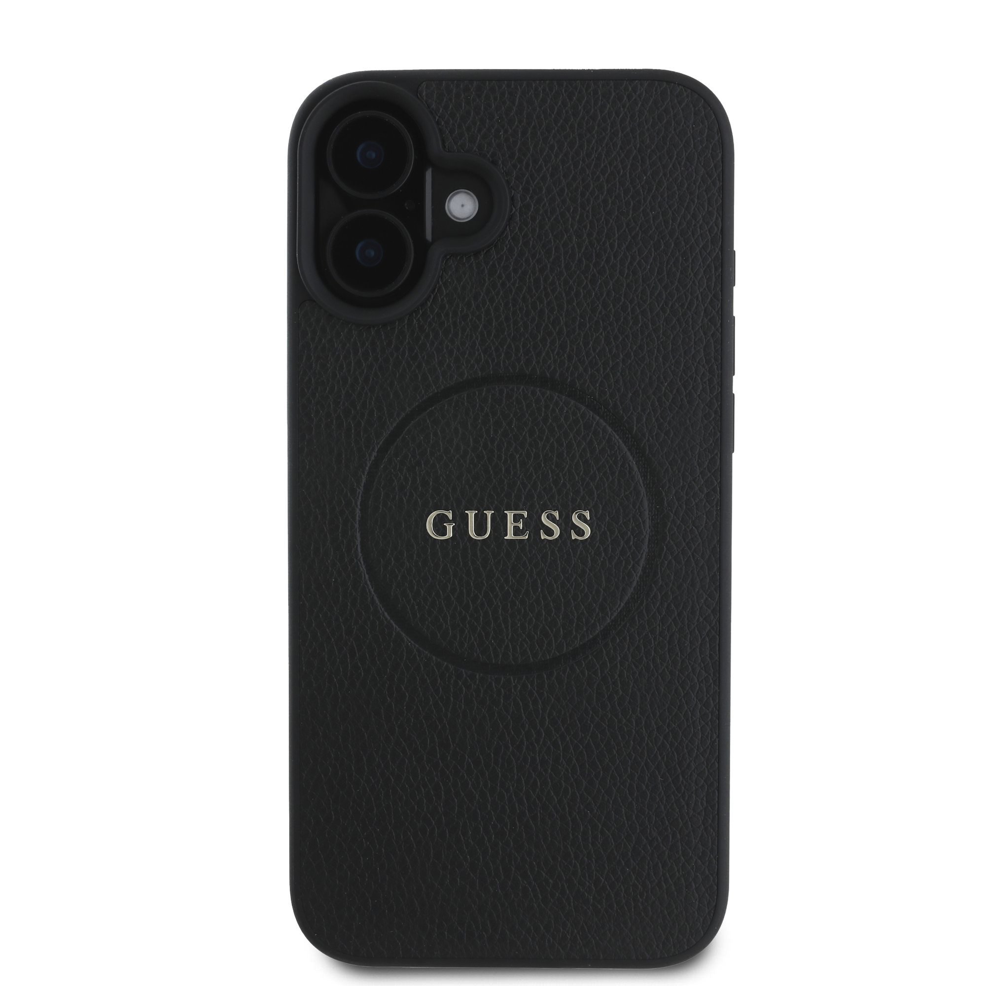 GUESS Калъф за iPhone 16, PU Grained Classic Logo MagSafe, черен – GUHMP16SPGHSMMK