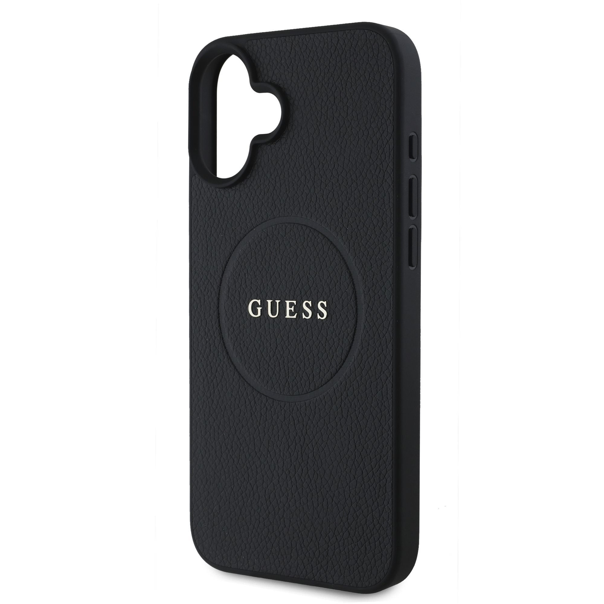 GUESS Калъф за iPhone 16, PU Grained Classic Logo MagSafe, черен – GUHMP16SPGHSMMK