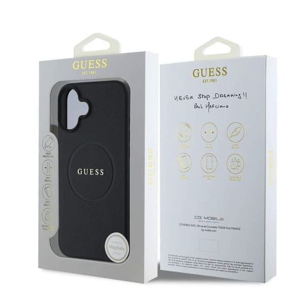 GUESS Калъф за iPhone 16, PU Grained Classic Logo MagSafe, черен – GUHMP16SPGHSMMK