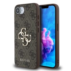 GUESS Калъф за iPhone 16e, PU 4G Metal Logo, кафяв – GUHCPSE44GMGBR