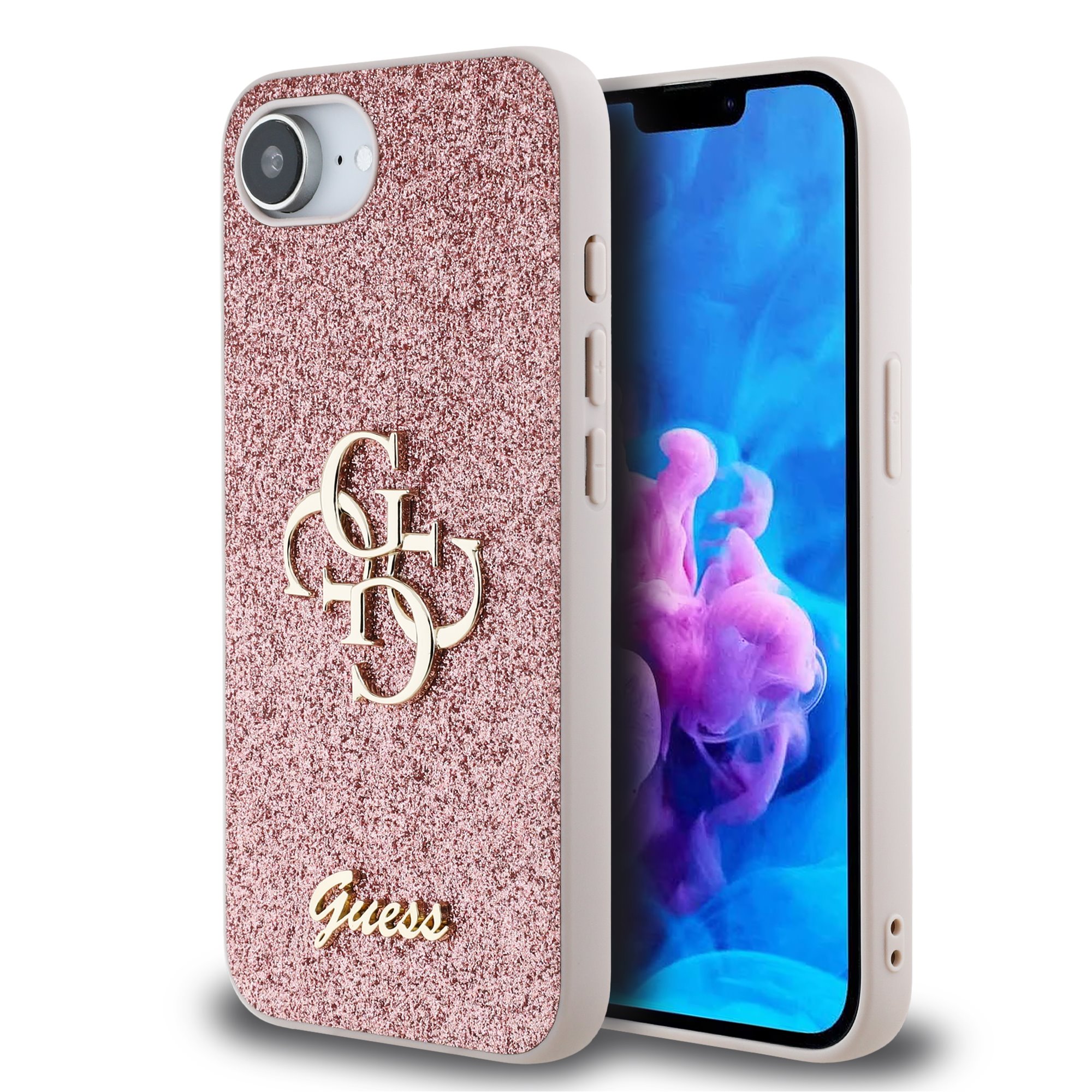GUESS Калъф Apple iPhone 16e, PU Fixed Glitter 4G Metal Logo, розов – GUHCPSE4HG4SGP