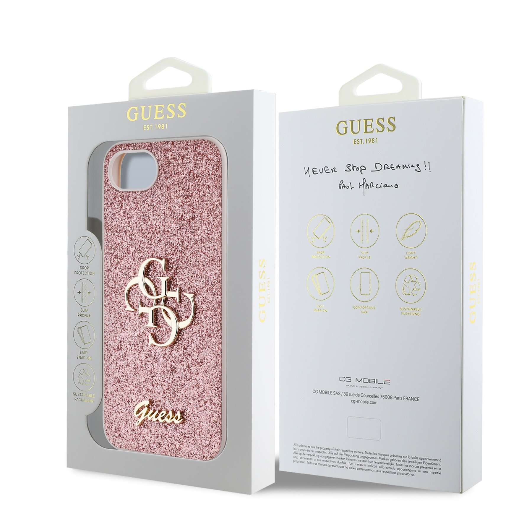 GUESS Калъф Apple iPhone 16e, PU Fixed Glitter 4G Metal Logo, розов – GUHCPSE4HG4SGP