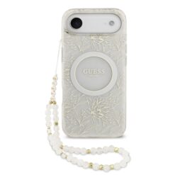 GUESS Калъф за iPhone 17 Air, IML Flowers Allover MagSafe + Wrist Strap, бял – GUHMP17MHCPOFPH